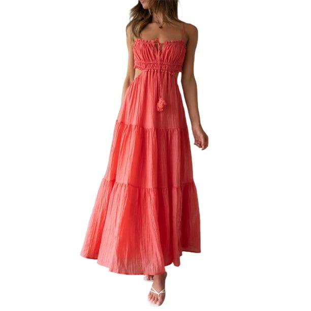 Coral Breeze Tiered Midi Dress – Open Back Detail