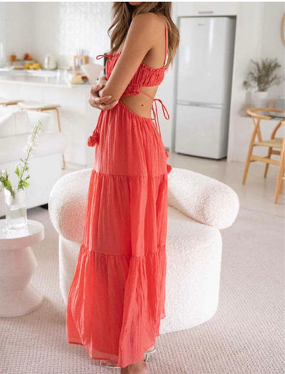 Coral Breeze Tiered Midi Dress – Open Back Detail