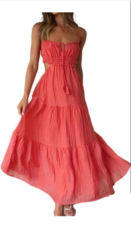 Coral Breeze Tiered Midi Dress – Open Back Detail