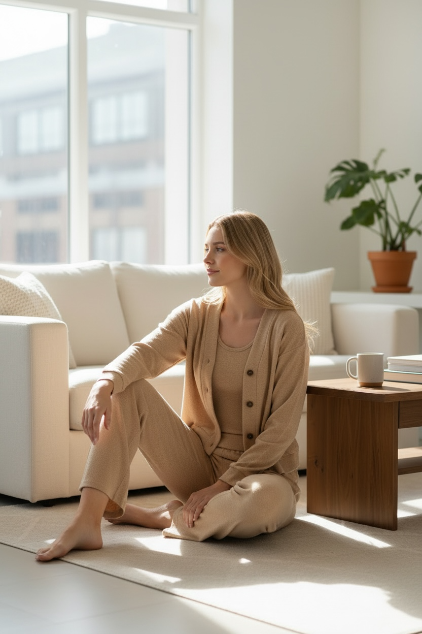Beige 3-Piece Textured Lounge Set – Cardigan, Tank & Pants (Size L)