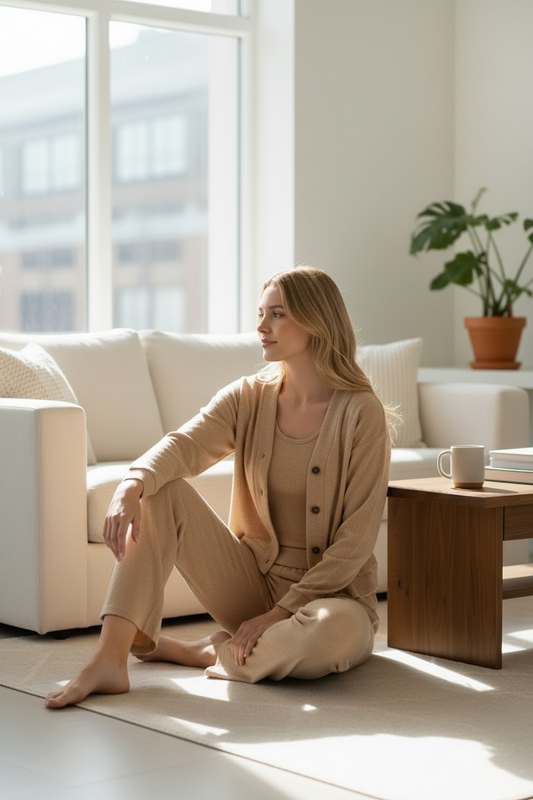 Beige 3-Piece Textured Lounge Set – Cardigan, Tank & Pants (Size L)