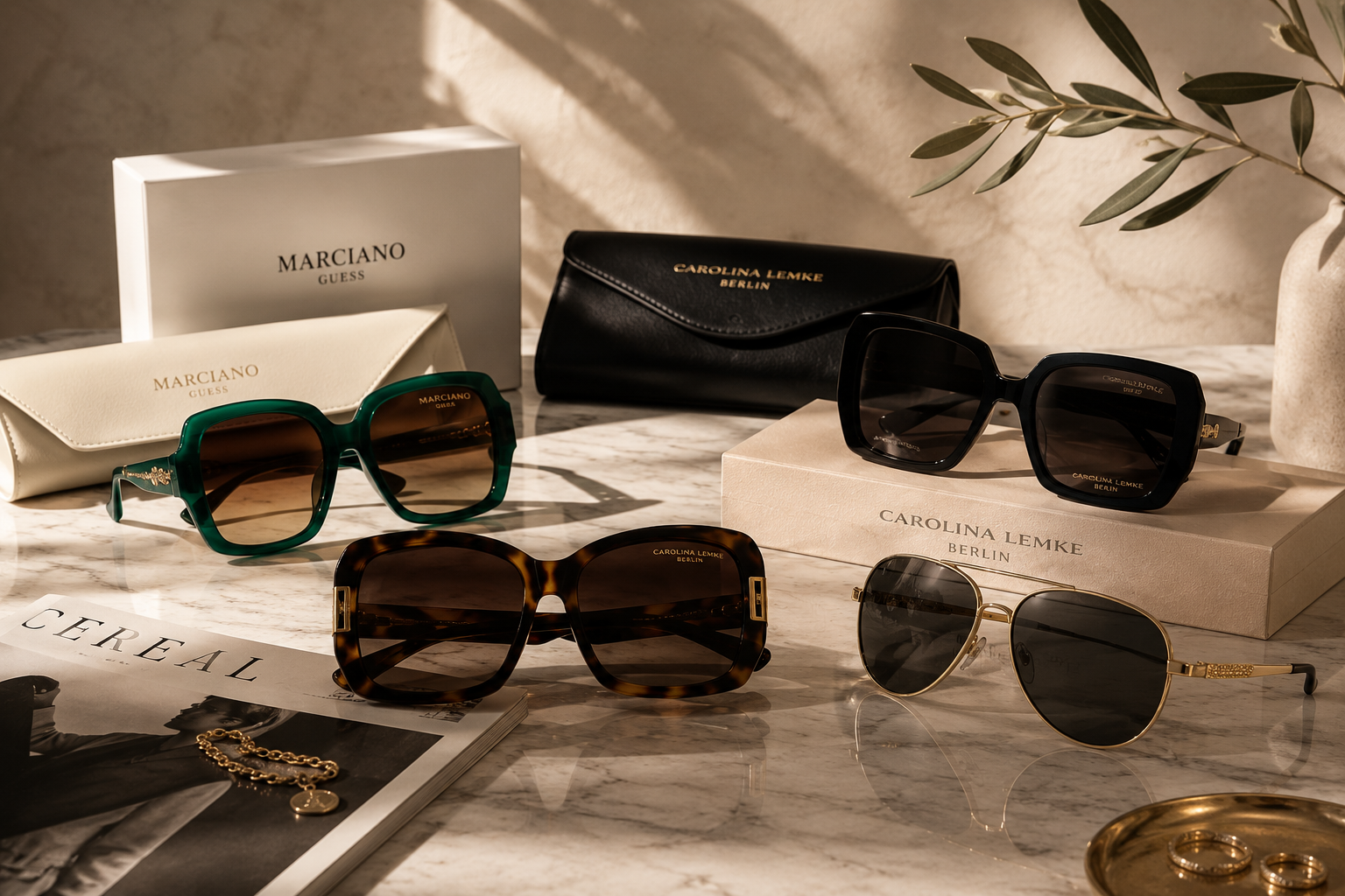 Designer sunglasses collection - Marciano by Guess and Carolina Lemke luxury eyewear on marble | Grae Collection