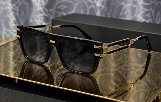 Carolina Lemke Berlin CL3250-01 black and gold square sunglasses on gold display tray | Grae Collection