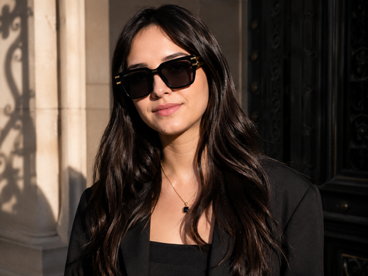 Carolina Lemke Berlin CL3250-01 luxury square sunglasses worn by model in black blazer | Grae Collection