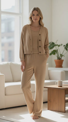 Beige 3-Piece Textured Lounge Set – Cardigan, Tank & Pants (Size L)